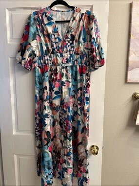 Floral V-Neck Midi Dress in Multi Colors